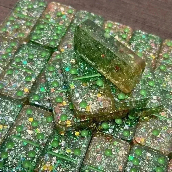 Green & Gold Holographic Sparkle Hand Crafted 28 Piece Domino Set - Picture 2 of 3